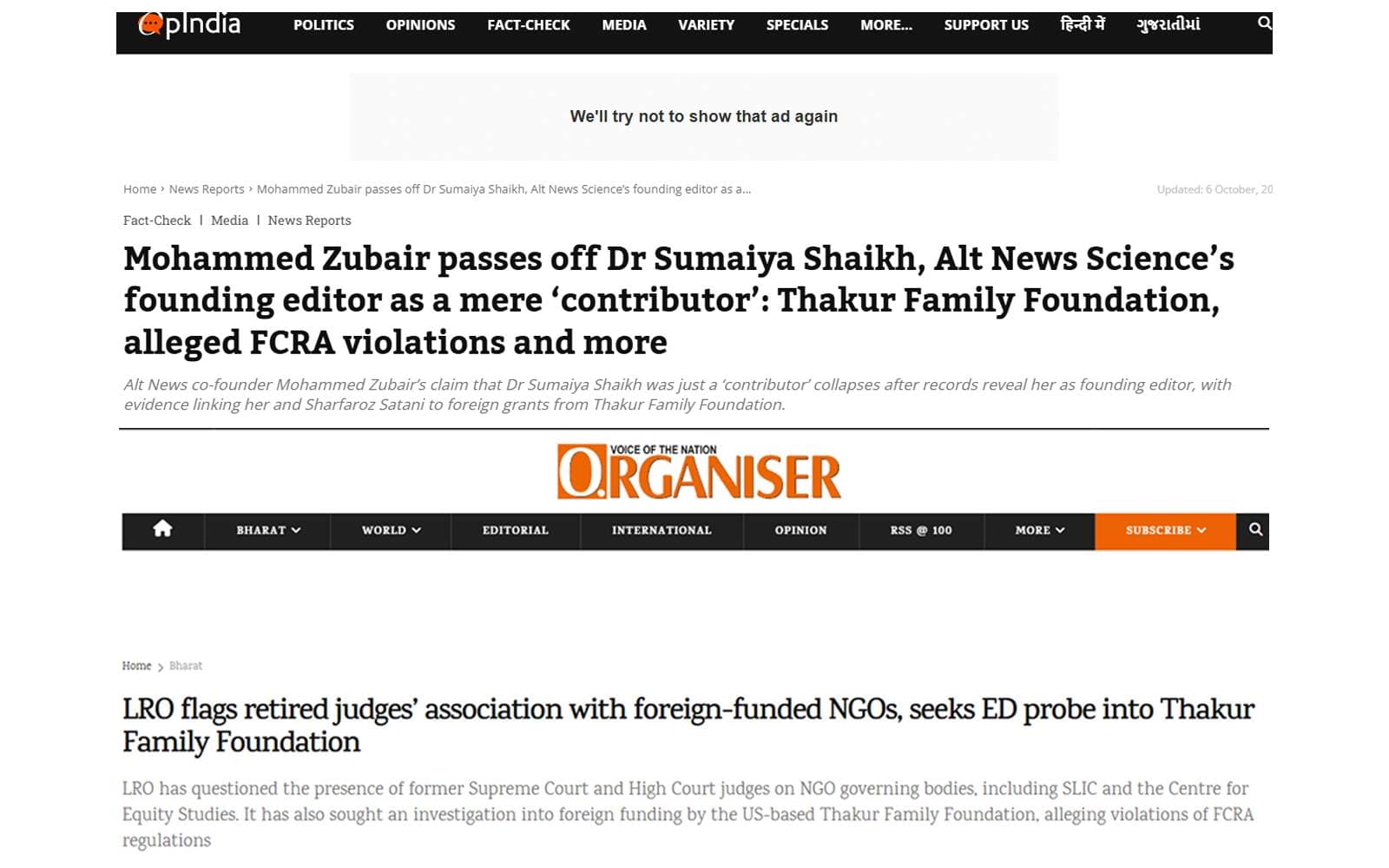 More Report posted on [OpIndia](https://www.opindia.com/2025/10/mohammed-zubair-passes-off-dr-sumaiya-shaikh-alt-news-sciences-founding-editor-as-a-mere-contributor-thakur-family-foundation-alleged-fcra-violations-and-more/) & [Organiser](https://organiser.org/2026/10/17/405202/law/lro-flags-retired-judges-association-with-foreign-funded-ngos-seeks-ed-probe-into-thakur-family-foundation/)